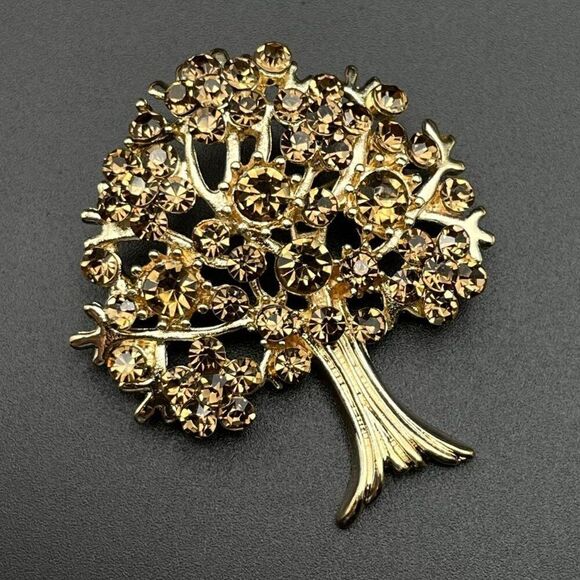 Yellow Gold with Champagne Topaz Crystal Blooming Tree Pin Back Brooch - Picture 2 of 9